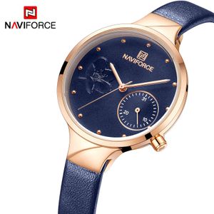 Naviforce 여성 패션 블루 쿼츠 시계 레이디 가죽 시계 밴드 고품질 캐주얼 방수 Wristwatch 선물 210616