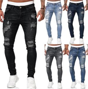 Calças jeans masculinas europeias e americanas calças jeans rasgadas furo tendência preto trecho médio fino calças