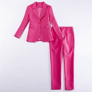 Autumn Rose Red Suit Office Female Temperament Nine-point Pants Fashion 2-piece High Quality Business Attire Women's 210527