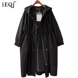 Casual Windbreaker Women IEQJ Fashion Spring Autumn Long Sleeve Hooded Collar Adjustable Waist Patchwork Pockets AC641 210812