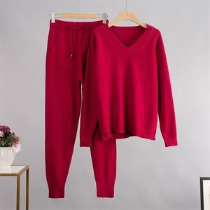 HLBCBG Kaszmirowe Zestawy Dzianiny Kobiety Luźne V Neck Sweter Carrot Pant 2 Sztuk Kobiet Doradje Dresy Harem Spodnie 220315