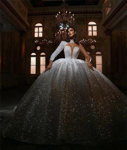 Glamorous Wedding Dresses One Shoulder High Neck Bridal Gowns Sequins Bling Bling Floor Length Robe de mariée Custom Made