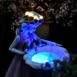 Flower Fairy Solar Decoration Resin Garden Statue Solar Light Glow in the Dark Yard Outdoor Sculpture Angel Figure Garden Decor Q0811