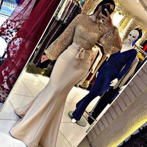 2022 Gold Arabic Champagne Lace Evening Dresses Wear Mermaid High Neck Illusion Long Sleeves Prom Dress Sashes Bow Formal Party Second Reception Gowns Floor