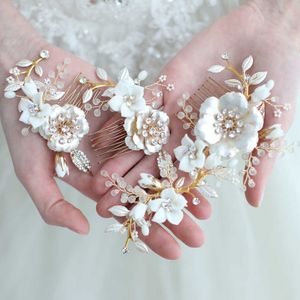 Porcelain Flower Bridal Hair Combs Pins Set Fashion Wedding Headpiece Party Prom Side Tiara Handmade Brides Hair Accessories X0625