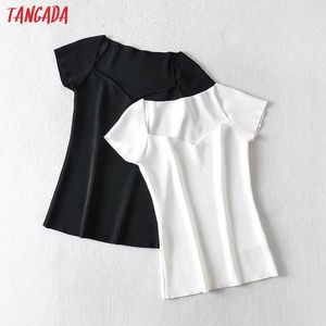 Tangada Donna Solid Square Collar T-shirt a maniche corte O Neck Tees Ladies Casual Tee Shirt Street Wear Top AI75 210609