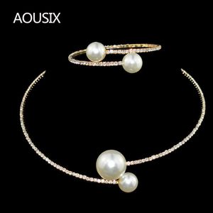 Fashion Simple Simulated Pearl Bridal Sets Crystal Wedding Jewelry Necklace Bangle Set for Women Wedding Party Jewelry Q0719