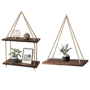 Wholesale wall hanging shelves for sale - Group buy Hooks Rails Moredn Simple Design Tier Wooden Rope Swing Wall Hanging Plant Flower Pot Tray Mounted Floating Shelves Home Decoration