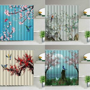 Cortinas de banho cortina de banheira Flores de estilo chinês e banheiro de pássaros para na sala
