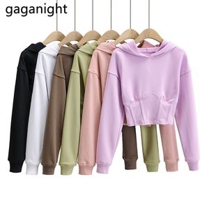 مثير المرأة المحاصيل هوديس الصلبة الأزياء الكورية الفتيات قصيرة sweatershirt ربيع الخريف أبلى قمم ضئيلة هوديي الرياضة 210601