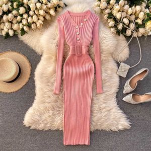 Teeuiear Vintage Vintage V Neck Slim Bandage Outono Camisola de Malha Vestido Longo Bodycon Party Inverno Elegante Mulheres Túnica Túnica Vestido Y0603