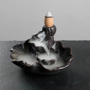 Ceramic Lotus Leaf Backflow Incense Burner Waterfall Aromatherapy Censer Home Office Decor Incense Holder + 10pcs Free Cones