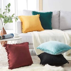 Pillow Case Designer Decorative Velvet Soft Cusion Cover with Fringe Ball Double Side Home Hotel SquareDecorative PillowCover WLL284