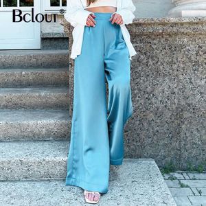 Bclout Blu Streetwear Raso Pantaloni Lunghi Allentati Delle Donne A Vita Alta A Pieghe Pantaloni A Gamba Larga Autunno Patchwork Pantaloni Con Cerniera Di Seta 2021 Q0801