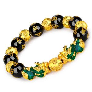 Byte med temperatur Lucky Rika Smycken Pixiu Armband Golden Black Obsidian Beads Feng Shui Pixiu Beaded Armband