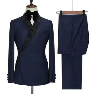 Wholesale Men's Suits & Blazers Latest Designs Navy Blue Double Breasted Smoking Jacket Shiny Black Shawl Lapel Formal Tuxedos Wedding Party Prom Suit
