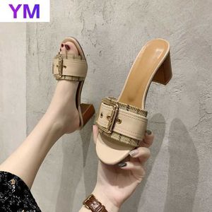 Woman Mules Ladies Party Slides Women Fashion Buckle Sandals Women's Slippers Female Outdoor High Heels PU Leather Size 35-40 Y0721