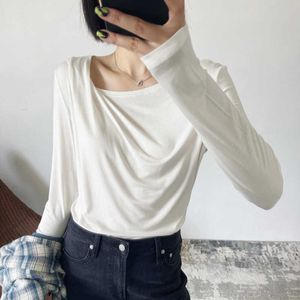 WOMENGAGA Spring Summer White Thin Off Shoulder Bottomed Tops Tees T-shirt Long Sleeve Top Female Korean T4UJ 210603