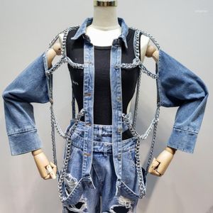 Jaquetas Femininas Harajuku Niche Feminino Chain Denim Hole Jean-coats Senhoras Estilosas Streetwear Jaquetas de Metal Casaco de Lantejoulas Exclusivo de Rua Principal1