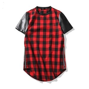 Tops Mode PU-Leder Splicing Sleeve Herren Sommer Casual Markenkleidung Spliced Plaid T-Shirt Männer Reißverschluss Extended Arc Saum 210716