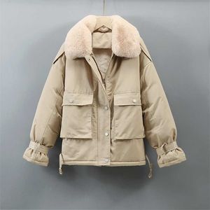 Kort bomullsfodral Parka Coat 2022 Vinterjacka Kvinnor Casual Tjock Varma Parka Ladies Lapel Solid Color Chic Coat 211221