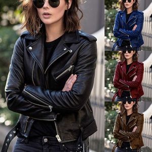 Kvinnors Jacka Kvinnor Kyla Faux Läder Jackor Långärmad Zipper Coat Fall Short Solid Lapel Coats Kvinna Moto Biker Kläder Vår Höstkläder 2021