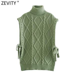 Zevity Donna Dolcevita vintage Verde Maglione lavorato a maglia all'uncinetto Donna Senza maniche Gilet con lacci laterali Pullover chic Top S675 210603