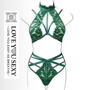 Bras Sets Sexy Lingerie Set Sensual Woman Lace Mesh Hollow BraThong Suits Erotic Exotic Underwear With Garter Nightwear
