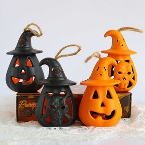 LED Halloween Pumpkin Ghost Lantern Lamp DIY Hanging Scary Candle Light Halloween Decoration for Home Horror Props Kids Toy Y0827