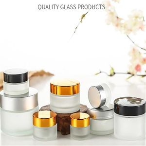 Frosted Glass Cream Jars Cosmetic Bottle Empty Container 5g 10g 15g 20g 30g 50g 100g Lip Balm Bottles with Silver Black Gold Lids and Inner Liners