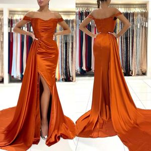 Off Shoulder Split Side High Sexy Orange Prom Dresses Cap Sleeve Plus Size Couple Evening Gowns BC11177 C0215