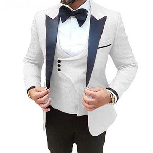 Floral Jacquard Slim fit Men Suits for Wedding with Black Peaked Lapel 3 Piece Custom Groom Tuxedo Man Fashion Costume with Pant X0909