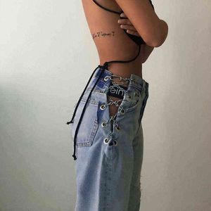 yiciya婦人ファッションジーンズJean Femmeチェーンハイウエストパンツセクシーエレガントジーンズクロスチェーン中空アウトワイドレッグ211129