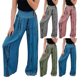 Pantaloni da donna elastici a vita alta Pantaloni casual Tasca solida Pantaloni a gamba larga 2021 Nuovi pantaloni larghi dipinti alla moda Q0801