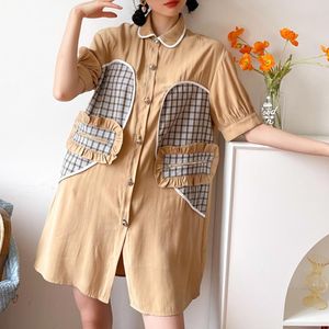 Women's Blouses & Shirts Bubble Short Sleeve Turn-Down Collar Plaid Print Patchwork Loose Female Straight Single Breasted Contrast Ruffle Sh