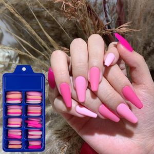 Falska naglar 100pcs kista rosa färg mix matt artificiell lång ballerina falska fulla täcken nageltips tryck på