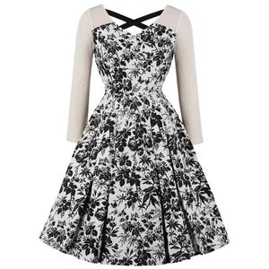 Casual Dresses Black Floral Women s Party Dress Long Sleeve Cotton Short Pleated Robe Femme OfficeChic s s Pinup Swing A Line Tunic