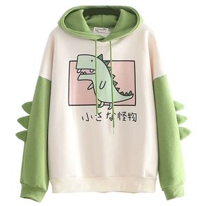 Dinozaur Oversized Cartoon Bluza z kapturem Kobiety Moda Bluza Casual Print Koreański Styl Zagęścić Zimowy Dino Hoodie Topy 210809