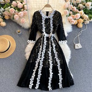 Frühling Herbst Schwarz Bestickt Party Kleid Frauen Elegante Oansatz Große Schaukel Spitze Vestidos Weibliche Mode 2021 Neue Y0603