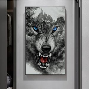 Angry Wolf Black White Posters och utskrifter Abstrakta djur kanfasmålning på väggen Art Bild för vardagsrum Heminredning