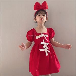 Summer Arrival Girls Fashion Princess Red Dress Kids Korean with Bow Clothes 210528