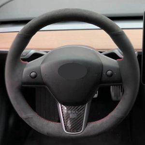 Top Perforerat läder Handstygnad Svart Suede Bilrattskydd för Tesla Modell 3 2017 2018 2019 Handstygn på wrap