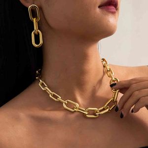 2021 Punk Simple Link Chain Aesthetic Choker Necklace for Women Couple Bracelet Hanging Earring Jewelry Set Gift