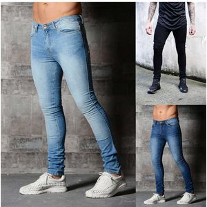 Мужские винтажные стирки чистого цвета джинсы тонкий дизайнер эластичный упругость промежутки jogger карандаш брюки средняя талия стрейч уличные брюки мужчина x0621