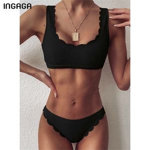 Ingaga push Up Bikinis Купальники Черные Купальники Женщины Scalloped Купальный костюм Сплошные ребристые Бикини Бикини набор Bathers 210621