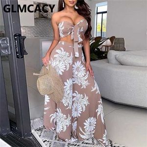 Women Floral Printed Tube Jumpsuit Tie Front Frill Hem Cutout Long Overalls Wide Leg Jumpsuits 211105