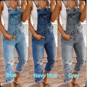 Women Denim Overalls Pants Ripped Washed Slim Jumpsuit Suspender Jeans With Holes Pocket On Chest Lady Long Pants