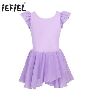 Scenkläder iefiel barn tjejer dansklass klänning ruffled holografisk ballett tutu tonåring gymnastik leotard ballerina chiffong kjol