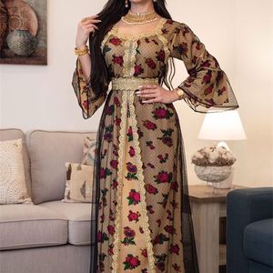 Siskakia Złota Koronkowa Haft Jalbiya Mesh Muzułmańska Dress Abaya Eid Mubarak Dubai Turecki Arabski Marokański Kaftan Odzież islamska 210309