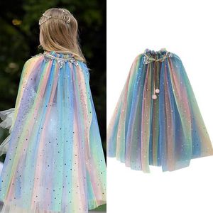 Vuguon Girls Rainbow Sequins Sequins Cape Groak Костюм DrawString Tulle Жасмин Спящая Красивая Красавица Хэллоуин Fance Dress Up Mantle Q0716